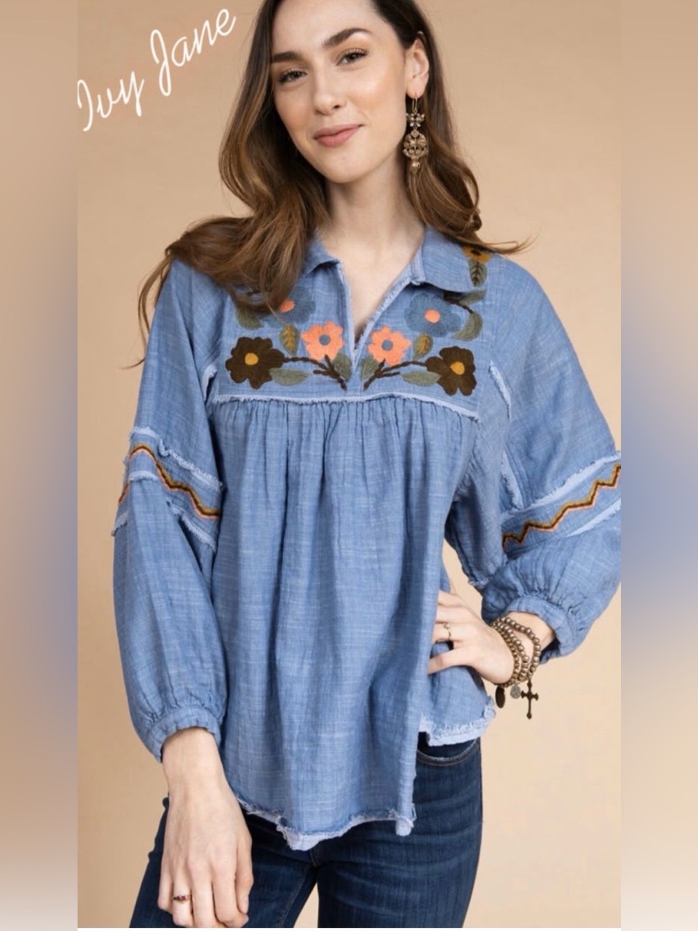 IVY JANE Balloon Sleeve Embroidered Knit Blouse - XS